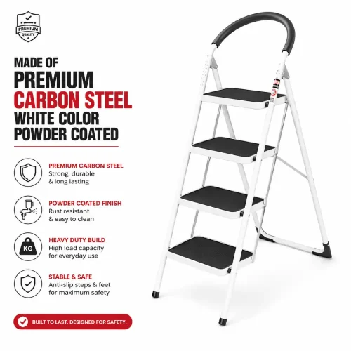 Premium 4 Step Ladder, Steel Folding Ladder – Wide Step Household Ladder | White Powder Coated