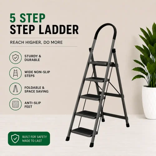 Premium 5 Step Ladder – Black Colour | Heavy Duty Steel Folding Household Ladder