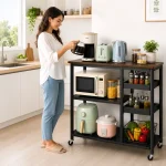 Heavy Duty Kitchen Island Cart – Wooden Top Storage Trolley with Wheels (Black / Off White) - Image 6