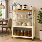 4 Tier Heavy Duty Carbon Steel Kitchen Rack with Wooden Top Shelf – (Black / Off White) - Image 5
