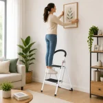 Premium 2 Step Steel Folding Ladder – Wide Step Household Ladder | White Powder Coated - Image 3