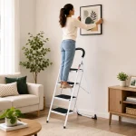 Premium 4 Step Ladder, Steel Folding Ladder – Wide Step Household Ladder | White Powder Coated - Image 3