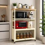 4 Tier Heavy Duty Carbon Steel Kitchen Rack with Wooden Top Shelf – (Black / Off White) - Image 3