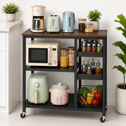Heavy Duty Kitchen Island Cart – Wooden Top Storage Trolley with Wheels (Black / Off White)