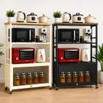 4 Tier Heavy Duty Carbon Steel Kitchen Rack with Wooden Top Shelf – (Black / Off White)