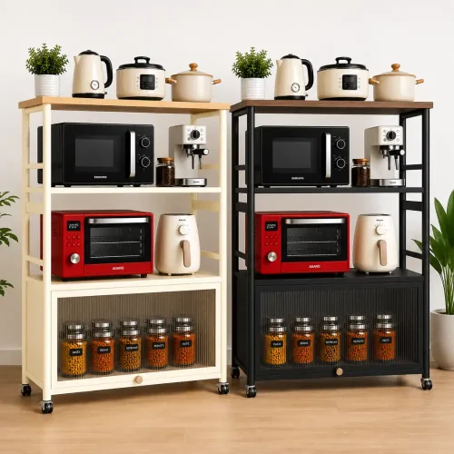4 Tier Heavy Duty Carbon Steel Kitchen Rack with Wooden Top Shelf – (Black / Off White)