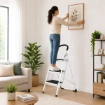 Premium 3 Step Ladder, Steel Folding Ladder – Wide Step Household Ladder | White Powder Coated - Image 5