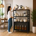 4 Tier Heavy Duty Carbon Steel Kitchen Rack with Wooden Top Shelf – (Black / Off White) - Image 13