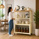 4 Tier Heavy Duty Carbon Steel Kitchen Rack with Wooden Top Shelf – (Black / Off White) - Image 6