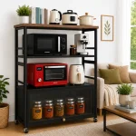 4 Tier Heavy Duty Carbon Steel Kitchen Rack with Wooden Top Shelf – (Black / Off White) - Image 11