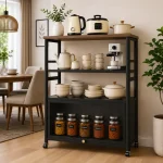 4 Tier Heavy Duty Carbon Steel Kitchen Rack with Wooden Top Shelf – (Black / Off White) - Image 9