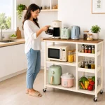 Heavy Duty Kitchen Island Cart – Wooden Top Storage Trolley with Wheels (Black / Off White) - Image 12