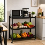 3 Tier Fully Steel Kitchen Storage Rack with Wheels – Black - Image 4