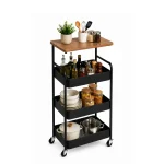 4 Tier Steel Kitchen Cart with Wooden Top & Wheels – Black / White - Image 3