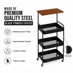 4 Tier Steel Kitchen Cart with Wooden Top & Wheels – Black / White - Image 2