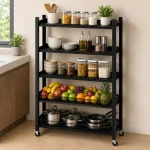 5 Tier Fully Steel Kitchen Storage Rack with Wheels – Black - Image 3