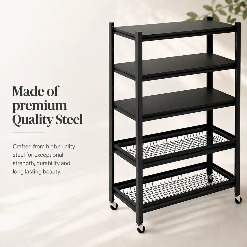 5 Tier Storage Rack 5 Tier Fully Steel Kitchen Storage Rack with Wheels – Black - Image 1