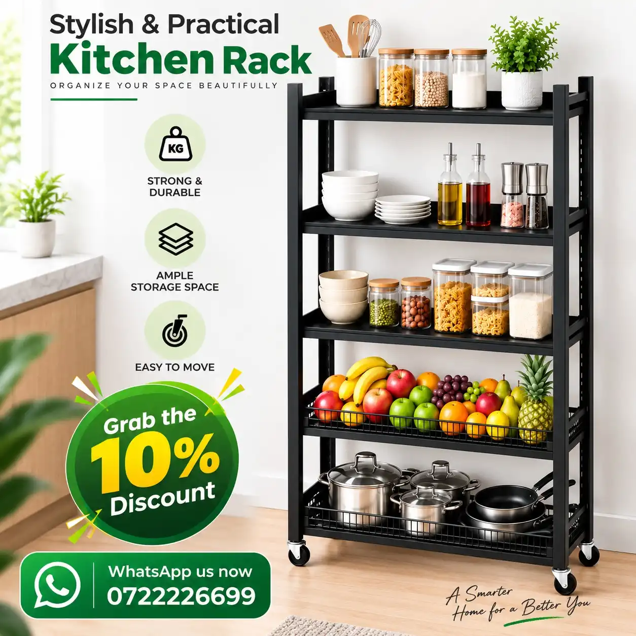 5-Tier-Storage-Rack 5 Tier Fully Steel Kitchen Storage Rack with Wheels – Black - Image 1