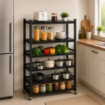 6 Tier Fully Steel Kitchen Storage Rack with Wheels – Black - Image 3