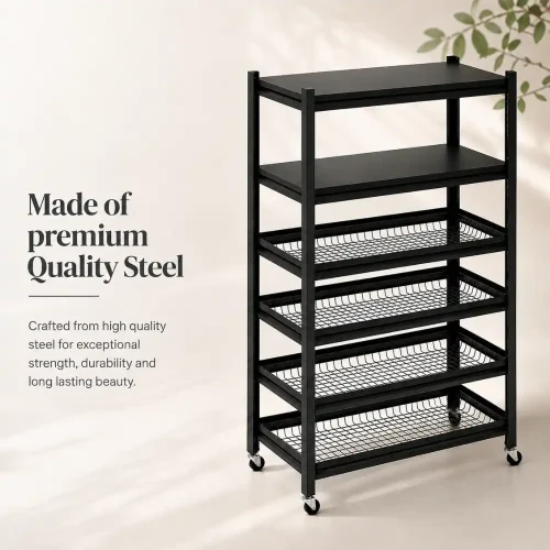 6 Tier Fully Steel Kitchen Storage Rack with Wheels – Black