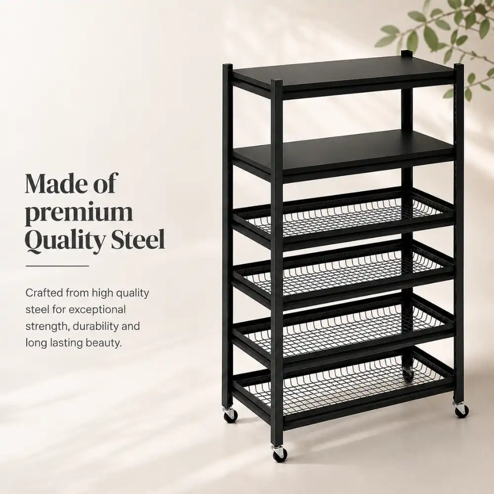 6 tier storage rack 6 Tier Fully Steel Kitchen Storage Rack with Wheels – Black - Image 1