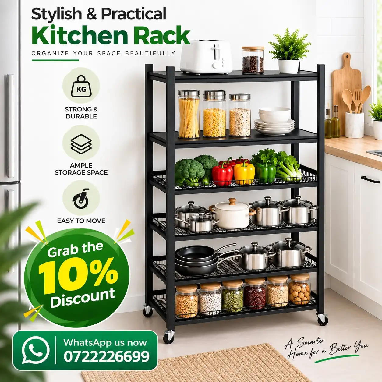 6-tier-storage-rack 6 Tier Fully Steel Kitchen Storage Rack with Wheels – Black - Image 1