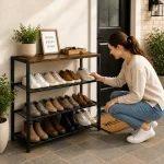 4 Tier Multipurpose Steel Shoe & Storage Rack with Rustic MDF Top - Image 4