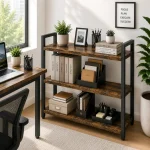 3 Tier Premium Carbon Steel Bookshelf with Rustic MDF Shelves, Display Rack - Image 2