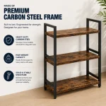 3 Tier Premium Carbon Steel Bookshelf with Rustic MDF Shelves, Display Rack - Image 3