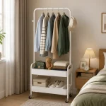 Carbon Steel Clothes Hanging Rack with 2 Storage Shelves - Image 3