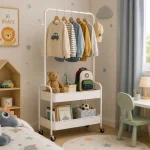Carbon Steel Clothes Hanging Rack with 2 Storage Shelves - Image 6