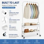 Carbon Steel Clothes Hanging Rack with 2 Storage Shelves - Image 7