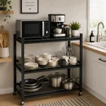 3 Tier Fully Steel Kitchen Storage Rack with Wheels – Black - Image 3