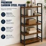 5 Tier Premium Carbon Steel Bookshelf with Rustic MDF Shelves, Display Rack - Image 2