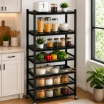 7 Tier Fully Steel Multipurpose Storage Rack with Wheels – Black - Image 3