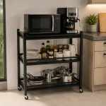 3 Tier Fully Steel Kitchen Storage Rack with Wheels – Black - Image 8