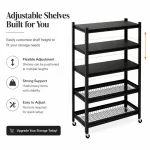 5 Tier Fully Steel Kitchen Storage Rack with Wheels – Black - Image 4
