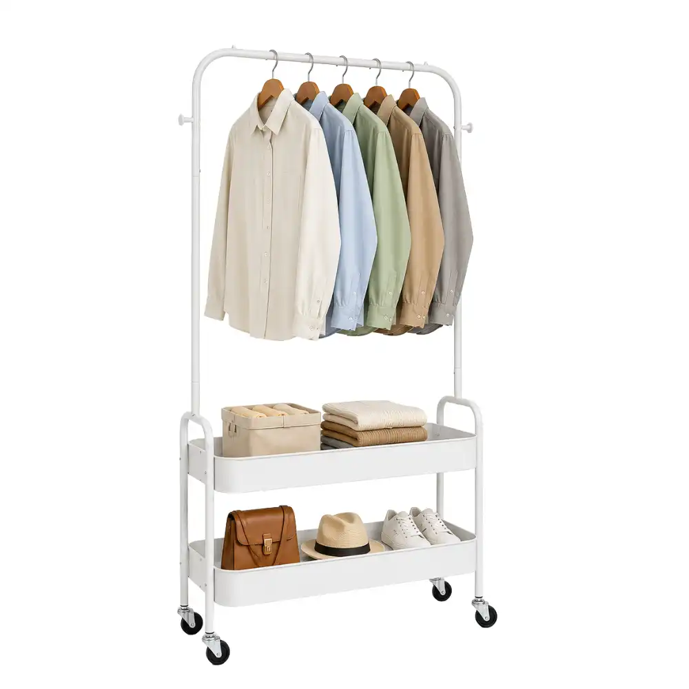 Rack Carbon Steel Clothes Hanging Rack with 2 Storage Shelves - Image 1