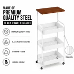 4 Tier Steel Kitchen Cart with Wooden Top & Wheels – Black / White - Image 7