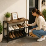 3 Tier Multipurpose Steel Shoe & Storage Rack with Rustic MDF Top - Image 4