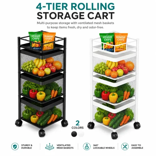 4 Tier Ventilated Mesh Basket Rolling Storage Trolley