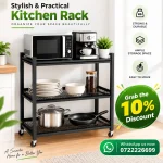 3 Tier Fully Steel Kitchen Storage Rack with Wheels – Black