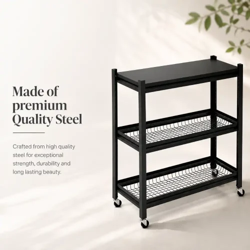 3 Tier Fully Steel Kitchen Storage Rack with Wheels – Black
