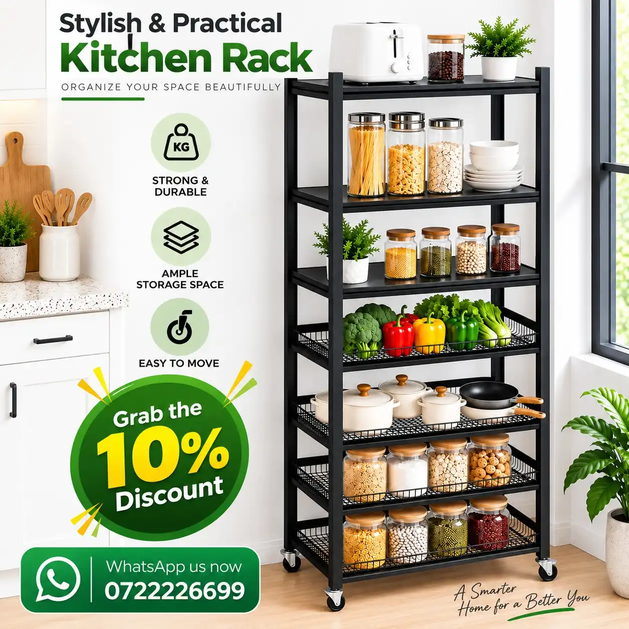Storage-Rack- 7 Tier Fully Steel Multipurpose Storage Rack with Wheels – Black - Image 1