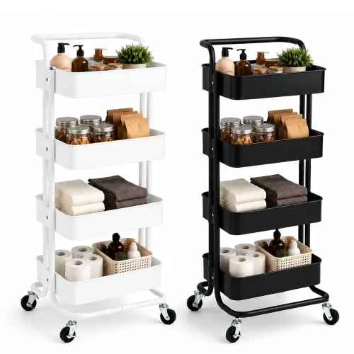 4 Tier Full Steel Mesh Basket Rolling Storage Trolley - ( Black & White )