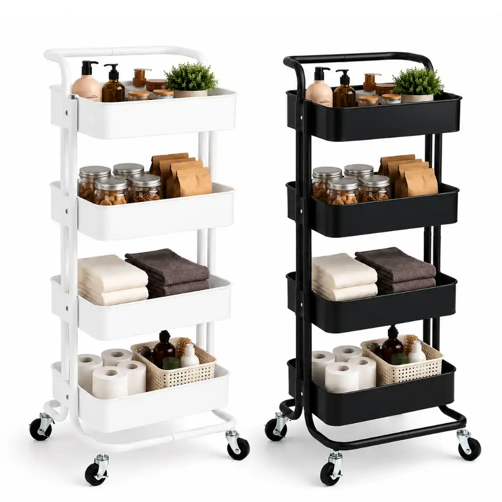 Storage Trolley 4 Tier Full Steel Mesh Basket Rolling Storage Trolley - ( Black & White ) - Image 1