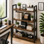 4 Tier Premium Carbon Steel Bookshelf with Rustic MDF Shelves, Display Rack - Image 4