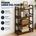 4 Tier Premium Carbon Steel Bookshelf with Rustic MDF Shelves, Display Rack - Image 2