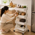 4 Tier Full Steel Mesh Basket Rolling Storage Trolley - ( Black & White ) - Image 9