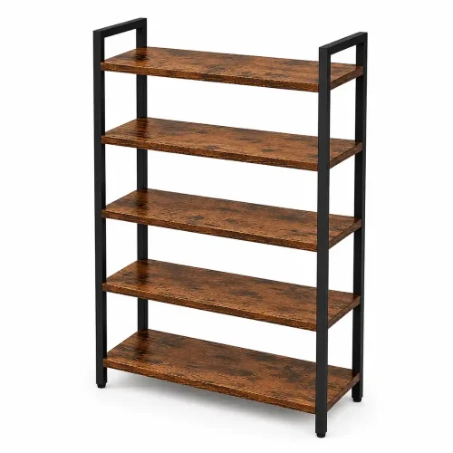 5 Tier Premium Carbon Steel Bookshelf with Rustic MDF Shelves, Display Rack